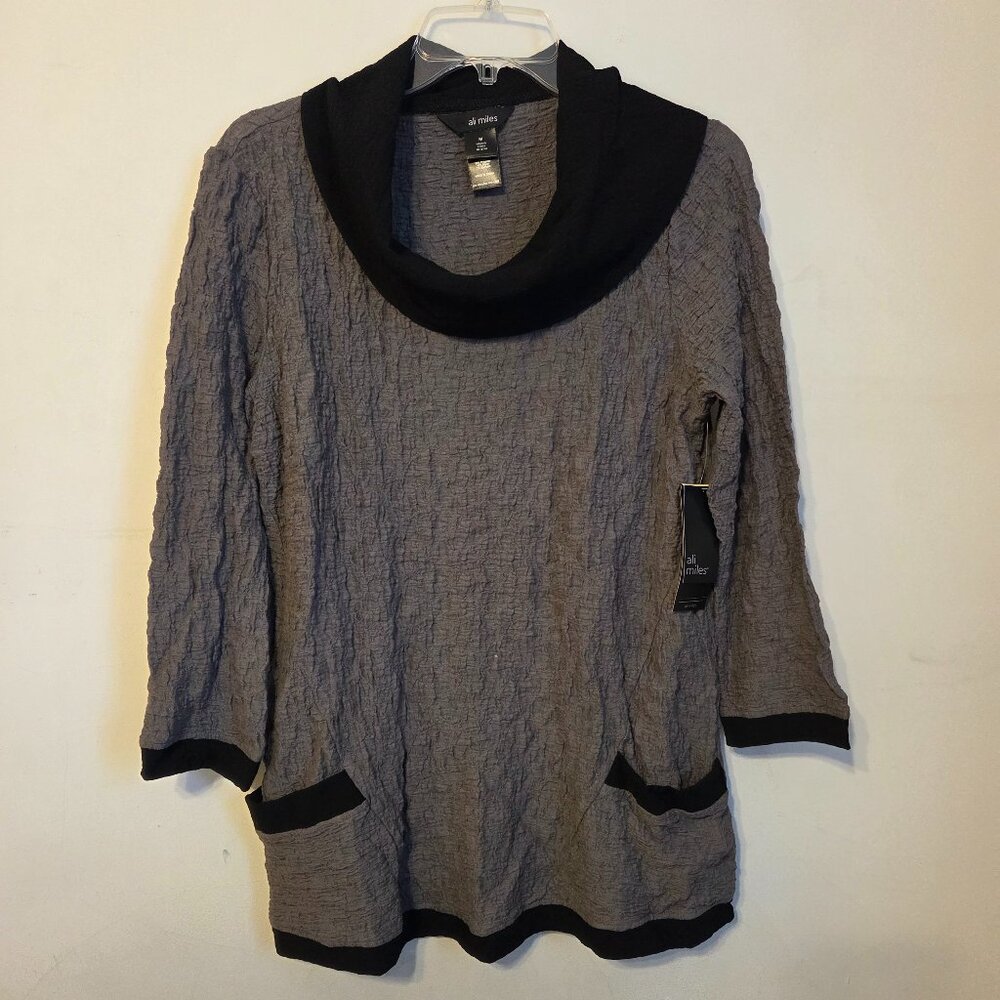Ali Miles M Grey Trimmed in Black Tunic w/Cowl Neckline, Long Sleeves, 2 Pockets
